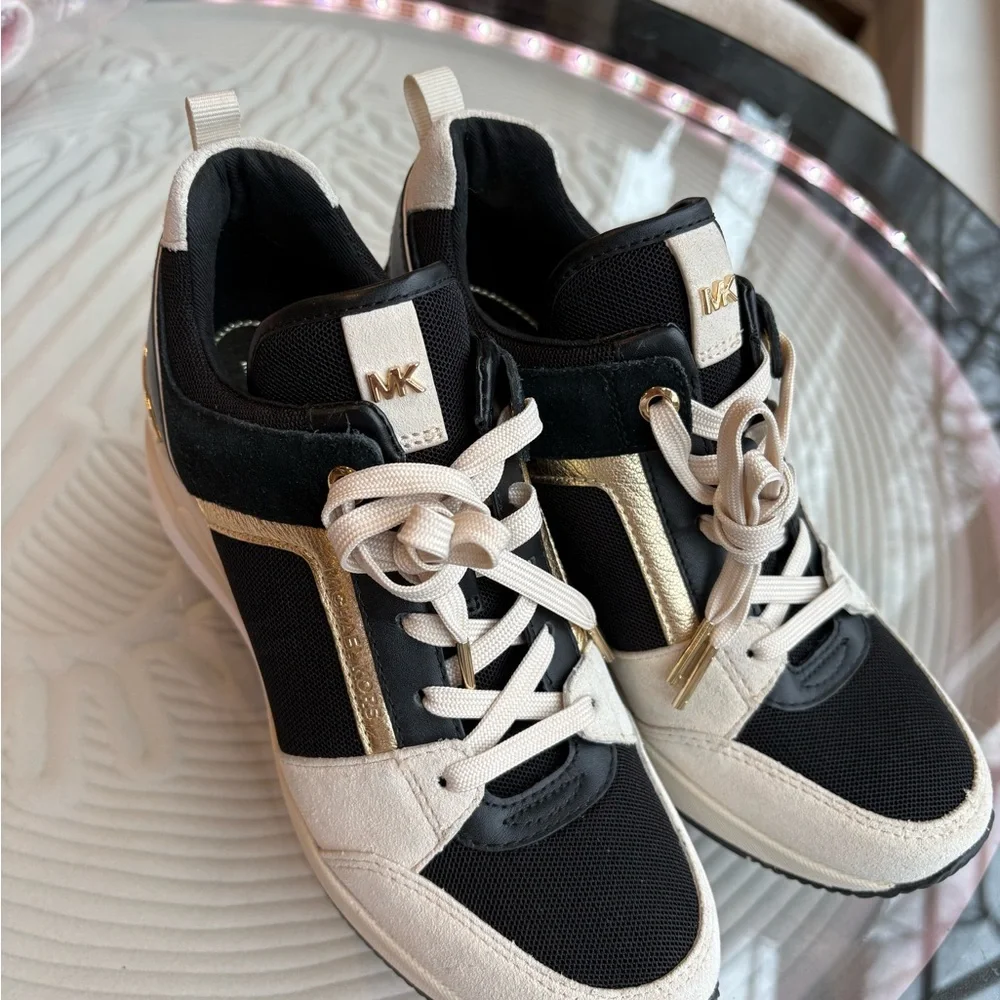 Michael Kors Georgie Trainers Black, Cream & Gold Wedge Sneakers - Picture 2 of 7
